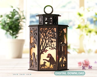 May include: A wooden lantern with a cutout design of a tree and dogs. The lantern is lit from within, casting a warm glow. The lantern is a hexagonal shape and has a small handle on top. The lantern is sitting on a white surface. DIGITAL DOWNLOAD