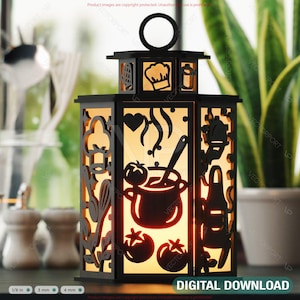 Chef Theme Laser Cut Lantern with Cooking Tools, Kitchen Scene, Hat & Utensils – Culinary Candle Holder Lamp Digital Download |#611|