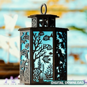 Ocean Dreams: Lanterna subaquática 3D cortada a laser com peixe, golfinho, tartaruga e porta-velas de coral Tealight Luz noturna Download digital |#431|
