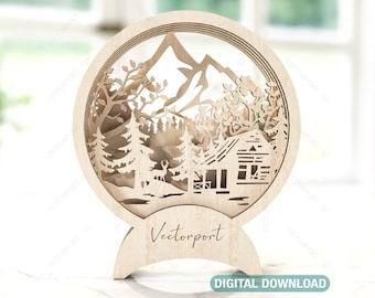 May include: A wooden 3D layered design of a cabin in the woods with a deer in the foreground. The design is circular and has a base with the word "Vectorport" on it. The design is for digital download.