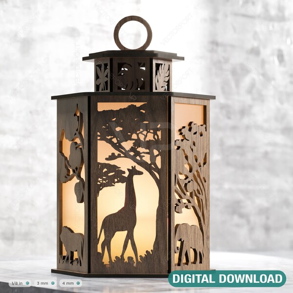 Safari Forest Scene Lantern Tea light Giraffe Leon Elephant Thème Bougeoir Laser Cut Lampe en bois Téléchargement numérique SVG |#257|