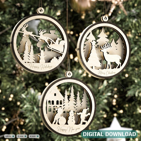 Weihnachtskugeln Baumschmuck Handwerk hängende Kugel verschneite Szene Hirsch schnitzen Schablone Laser geschnitten Digital Download |#269|