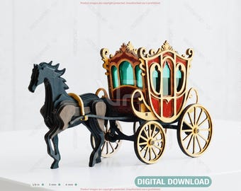 Vintage Royal Horse and Carriage Laser Cut File Miniature Horse Cart 3D SVG Digital Download |#725|