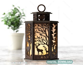 Forest Scene Candle Holder with Deer Tree Silhouette Tealight Lamp Night Light Lantern Digital Download |#351|
