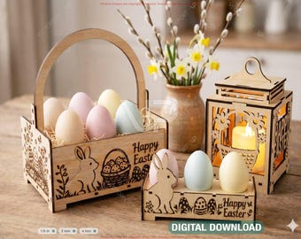 Easter Laser Cut Bundle | Egg Holder, Basket & Lantern SVG | Bunny Easter Decor | Laser Cut Files Digital Download |#700|