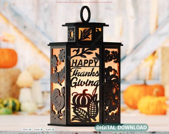 Thanksgiving Lantern Tealight Holder SVG – Autumn Leaves, Pumpkins & Turkey Candle Box Digital Download |#639|