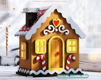 Gingerbread House Laser Cut 3D Christmas Cottage SVG Holiday Miniature Candy House Template DIY Candle Holder Digital Download |#626|