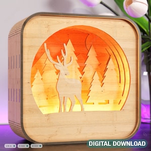 Lâmpada noturna de madeira Cena de floresta de cervos Multicamadas Shadowbox Corte a laser Abajur Luz de mesa Download digital |#115|