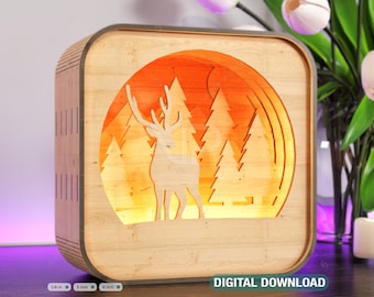 Wooden Night Lamp Deer Forest Scene Multilayer Shadowbox Laser Cut Lampshade Table light Digital Download  |#115|