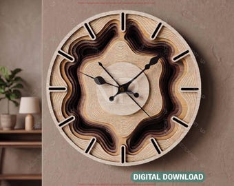 Multilayer Modern Wooden Wall Clock SVG Laser Cut Clock File Abstract Wave Clock Design Digital Download |#724|