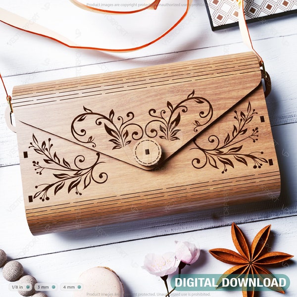 Elegant träväska med blommönster, laserskuren modekuvertväska, träväska, handväska digital nedladdning SVG |#445|