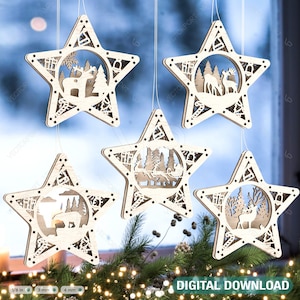 Decorações para árvores de Natal em forma de estrela Artesanato pendurado Bauble Cena de neve Veado Decoração de ano novo Corte a laser Download digital |#312|