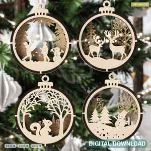 New Year Theme 3D Christmas Ornament Set Tree Decorations Craft Hanging Bauble Snowy Scene Holiday Laser Cut Digital Download |#438|