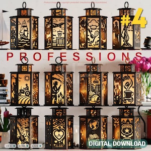 Può includere: Una collezione di lanterne in metallo nero con intricati disegni ritagliati, ognuna raffigurante una professione diversa. La parola "PROFESSIONS" è visualizzata in rosso. Le lanterne sono illuminate, creando un bagliore caldo. È presente anche una piccola barca a vela.