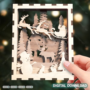 クリスマス マルチレイヤー クリスマス ギフト オーナメント 雪だるま 鹿 森の風景 装飾木製 レイヤード 新年 レーザーカット デジタル ダウンロード |#342|