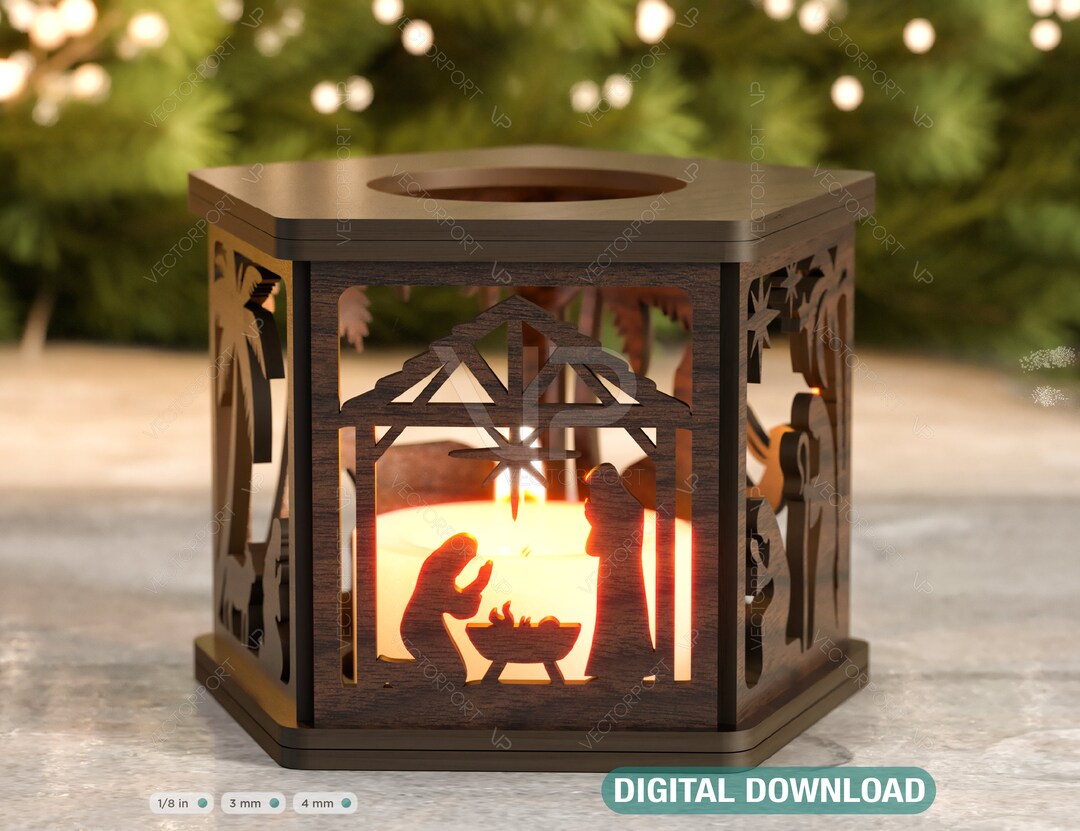 Nativity Scene Candle Holder Christmas Eve With Baby Jesus, Traditional