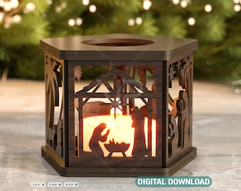 Nativity Scene Candle Holder Christmas Eve with baby Jesus, Traditional Lantern Tea Curved Corner Digital Download SVG |#318|