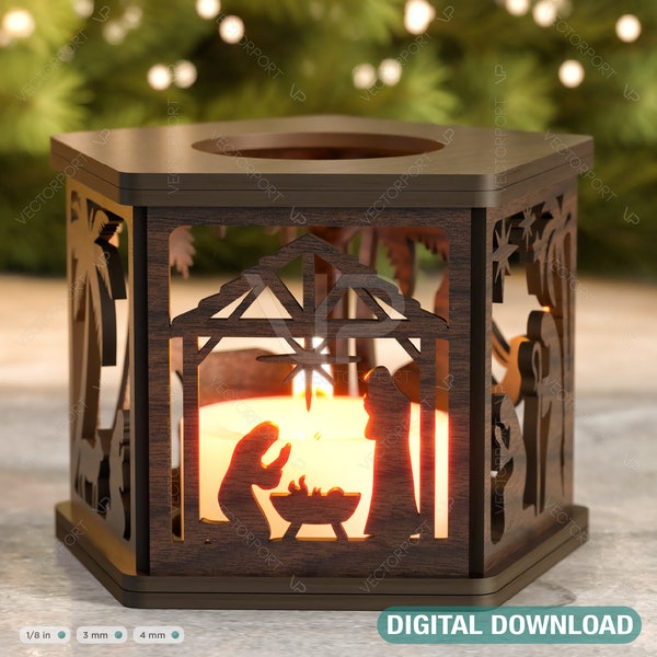 Nativity Scene Candle Holder Christmas Eve with baby Jesus, Traditional Lantern Tea Curved Corner Digital Download SVG |#318|