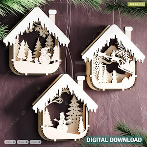 Conjunto de enfeites de natal 3D com tema de ano novo em formato de casa, decorações para árvores, artesanato, enfeites pendurados, cenário de neve, corte a laser, download digital |#517|