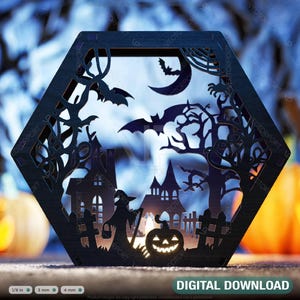 Suporte para vela de chá de lanterna de Halloween hexagonal, fantasmas de casa mal-assombrada, morcegos, lâmpada de cena assustadora, luz noturna, download digital |#484|