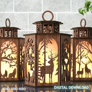 Deer Lantern Tea light Winter Snowy Forest with Deer Lantern Candle Holder Laser Cut plywood Votive Gift  Wooden Digital Download SVG |#241|