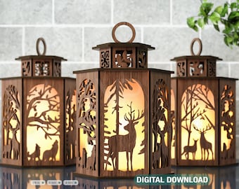 Deer Lantern Tea light Winter Snowy Forest with Deer Lantern Candle Holder Laser Cut plywood Votive Gift  Wooden Digital Download SVG |#241|