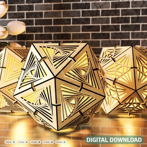 Icosaëder 3 verschillende patronen houten driehoek schaduwlamp theelantaarn kaarshouder digitale download SVG |#245|