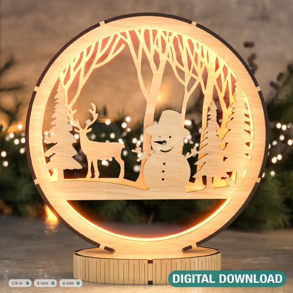 Christmas Snowy Scene Snowman and Deer 3D Led Light Laser Cut Night Lamp Round Modern Bedside Table Lamp Digital Download |#262|