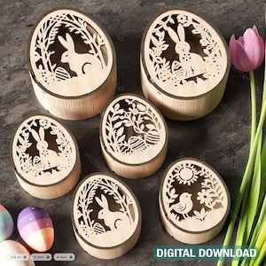 Elegancia de Pascua: caja de regalo de madera con forma de huevo cortada con láser para regalos y decoraciones navideñas con estilo Descarga digital DIY /#386/