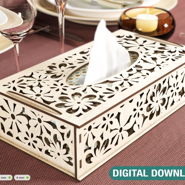 Flowers Pattern Decorative Laser Cut Tissue Box Tabletop wooden napkin cover Glowforge SVG Digital Download |#122|