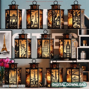 World Cities Laser Cut Table Lamp Panels Bundle – Skyline Lantern SVGs of New York, Paris, London & More Digital Download |#590|