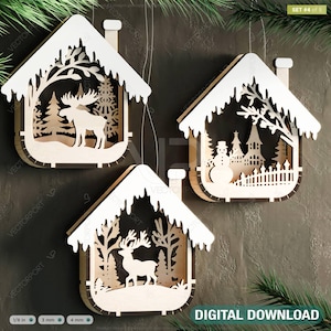 Conjunto de enfeites de natal 3D com tema de ano novo em formato de casa, decorações para árvores, artesanato, enfeites pendurados, cenário de neve, corte a laser, download digital |#516|