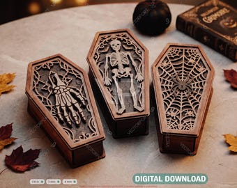 Gothic Coffin Halloween Wooden Keepsake Box Laser Cut Bundle SVG Skeleton, Spider Web Digital Download |#738|