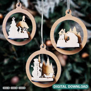 Arbre de Noël ours boule de bois découpé au laser 3D boule de Noël ornement design rond ensemble décorations d'arbre découpé au laser SVG Cricut numérique téléchargement |#108|