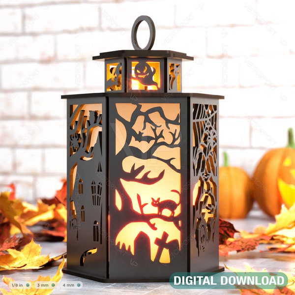 Halloween Candle Tealight Holder Pumpkin Cat Spider Lantern Spooky House Scene Lamp Digital Download SVG |#283|