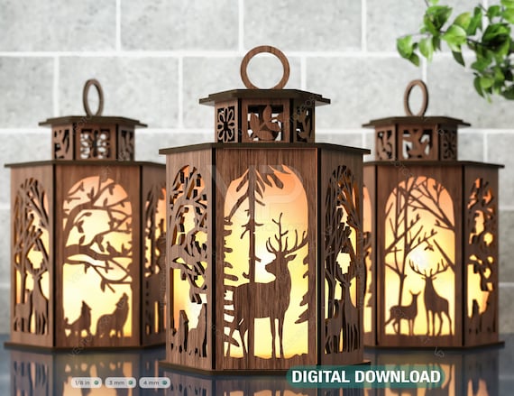 Hirsch Laterne Teelicht Winter verschneiter Wald mit Hirsch Laterne Kerzenhalter Laser Cut Sperrholz Votivgeschenk Holz Digital Download SVG |#241|