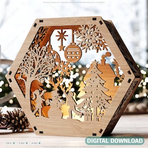 Lampada tagliata al laser esagonale con scena innevata, lanterna di Natale, portacandele, decorazione invernale da notte, download digitale /#494/