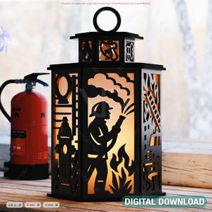 Firefighter Theme Laser Cut Table Lamp with Helmet, Axe, Fire Symbol, Hose, Gift for Firefighters Digital Download |#605|