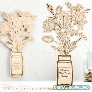Flores em vaso personalizadas para a mãe, plano SVG com corte a laser para presente do dia das mães, gravura personalizável, presente faça você mesmo, download digital |#203|