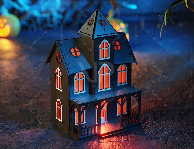 May include: A black wooden haunted house with glowing orange windows. The house is decorated with a porch and railings. The house is sitting on a dark surface.