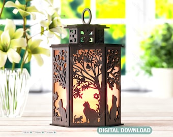 Cat Silhouette Lantern: Laser Cut Tealight Candle Holder Night Light Forest Scene Lantern Digital Download |#410|