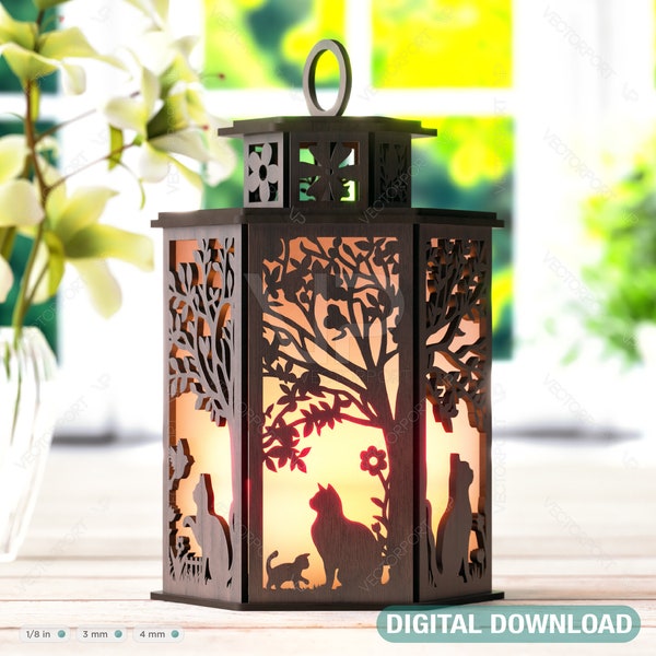 Cat Silhouette Lantern: Laser Cut Tealight Candle Holder Night Light Forest Scene Lantern Digital Download |#410|