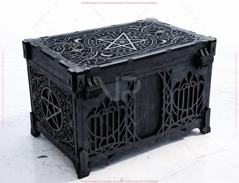 May include: A black wooden chest with intricate gothic and occult-inspired designs. The lid features a pentagram and celestial patterns. The sides have decorative cutouts and a pentagram. The chest has a rectangular shape and is elevated on small feet.