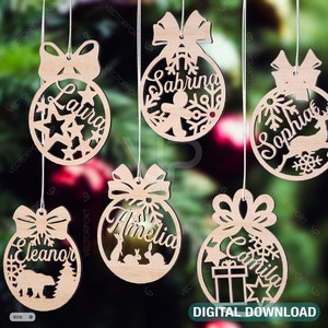 Palle di Natale personalizzate, decorazioni per alberi con nome, ciondoli artigianali da appendere, modelli artistici in carta, file di taglio, download digitale, n. 098/