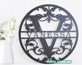 Floral Round Split Regal Monogram Alphabet Letters Laser Cut Name Sign Customizable Personalized Template Digital Download |#056|