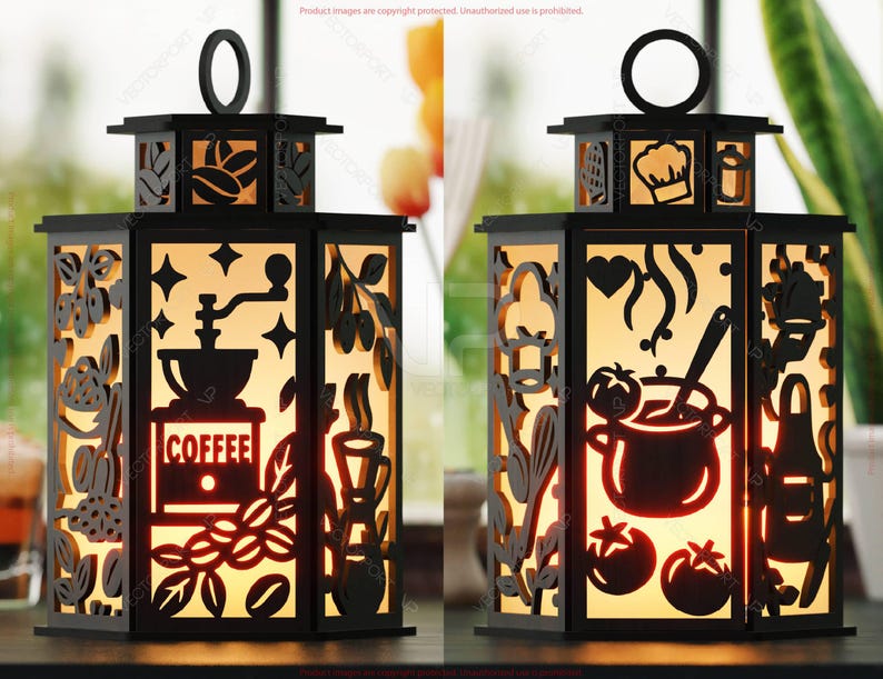 May include: Black metal lantern with cut-out designs. One side features a coffee grinder and the word "COFFEE". The other side shows a chef's hat and a pot of food. The lantern has a handle and is illuminated from within.