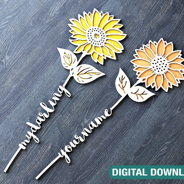 Sonnenblume Laser Cut Out Stick mit Tag zum Laserschneiden Art Valentine Day Personalisierte Blume mit Namen editierbar Digital Download |#180|