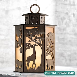 Safari bos scène lantaarn theelichtje giraf leon olifant thema kandelaar lasergesneden houten lamp digitale download SVG |#257|