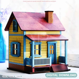 Miniatur Holzhaus Laser Cut Datei - DIY 3D Modell, niedlich bemaltes Bauerndorf mit leuchtenden Fenstern, Wohnkultur digitaler Download |#593|