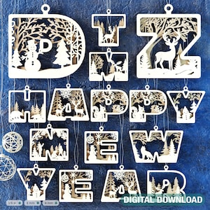 Adornos festivos con letras del alfabeto para Año Nuevo, adornos colgantes y de pie con temática invernal, letras en el país de las maravillas, descarga digital láser /#477/